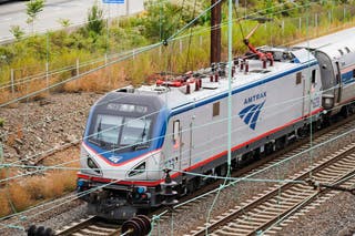 An Amtrak train departs 30th Street Station in Philadelphia